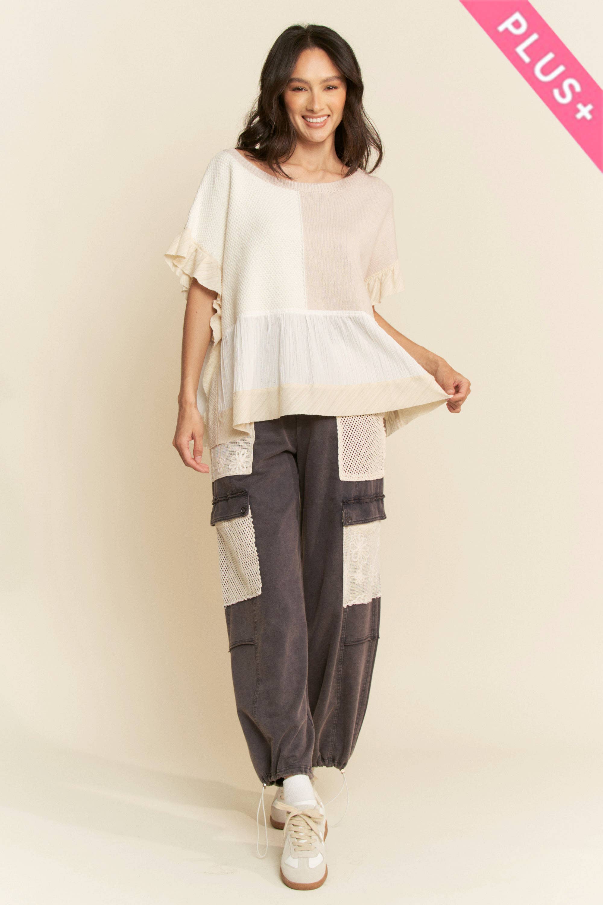 Davi & Dani – wholesale Knit top – Women's – PLUS SWEATER MIX PATCHWORK TEXTURED RUFFLE TOP3