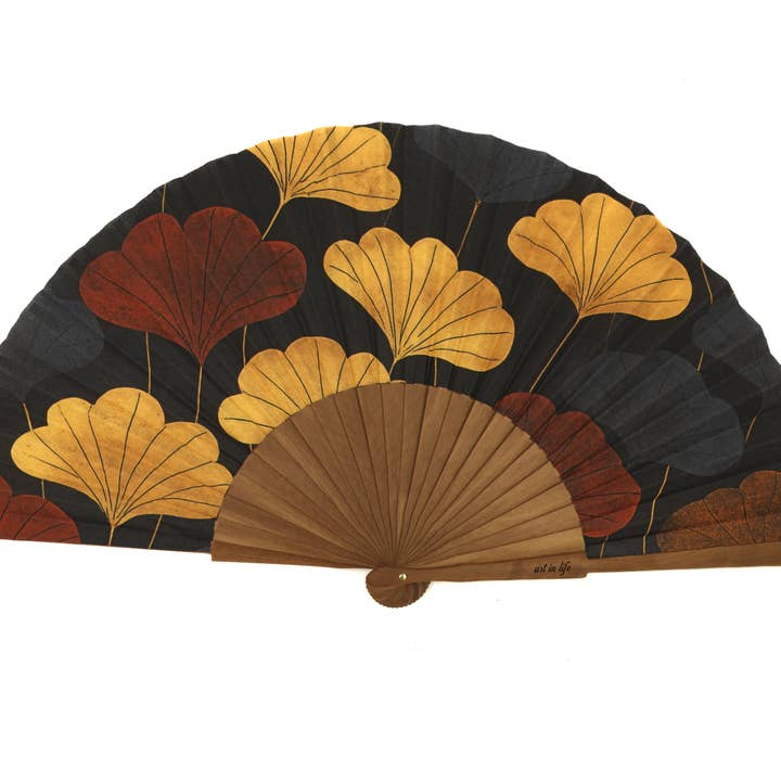 Grand éventail artisanal Ginkgo Biloba | 27cm Bois de poirier & Coton pour la vente par Sauga
