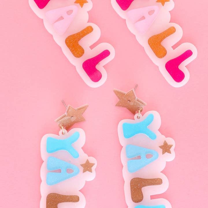 SP Sophia Collection - Wholesale Dangle Earrings - 2 Tier Star Post "YALL" Glitter Acetate Drop Dangle Earrings1