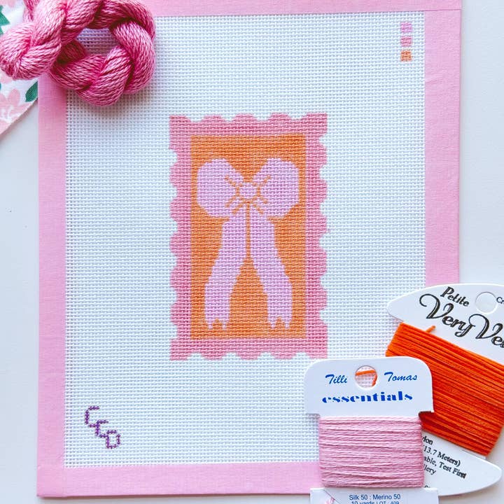 Cotswold Co Designs - Wholesale Embroidery/Cross Stitch Supplies - Pink Bow Needlepoint Canvas, 18 Mesh 2”x4” Design, Coquette Stamp Needlepoint Canvas, Bow Stamp Needlepoint Canvas3