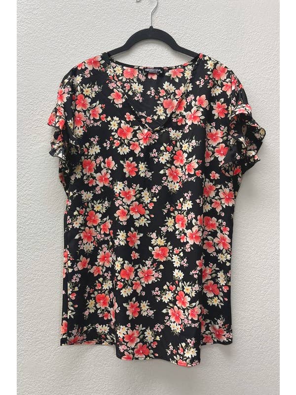 HEIMISH - Wholesale Blouse - Women's - ET7311-11 SLEEVE WITH RUFFLED V NECK FLORAL PRINT TOP