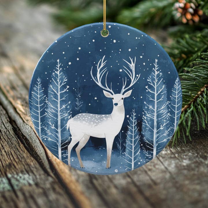 Snowy Stag Porcelain Christmas Ornament - Double-Sided Winter Wonderland Keepsake -- Scandinavian Style for wholesale by Peeping Tom's Cottage