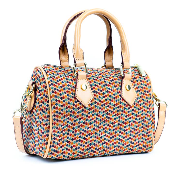 Meninas Bonitas Cork - Wholesale Crossbody Bag - Women's - Floral Cork Crossbody Barrel Bag BAG-2335
