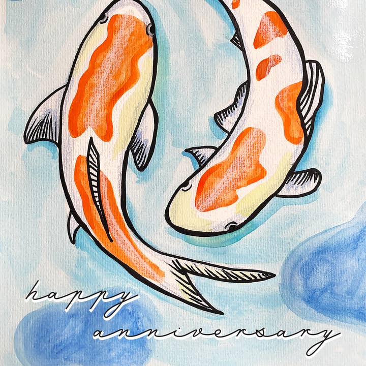 Biglietto Koi per anniversario con pesce rosso, coppia, amore, abbinamento per la vendita all'ingrosso da parte di Kerry Quinn's Kitsch