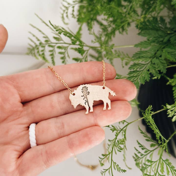 JOY IN THE MORNING - Wholesale Pendant/Charm Necklace - Indian Paintbrush Bison Necklace, Wyoming Flower, Buffalo