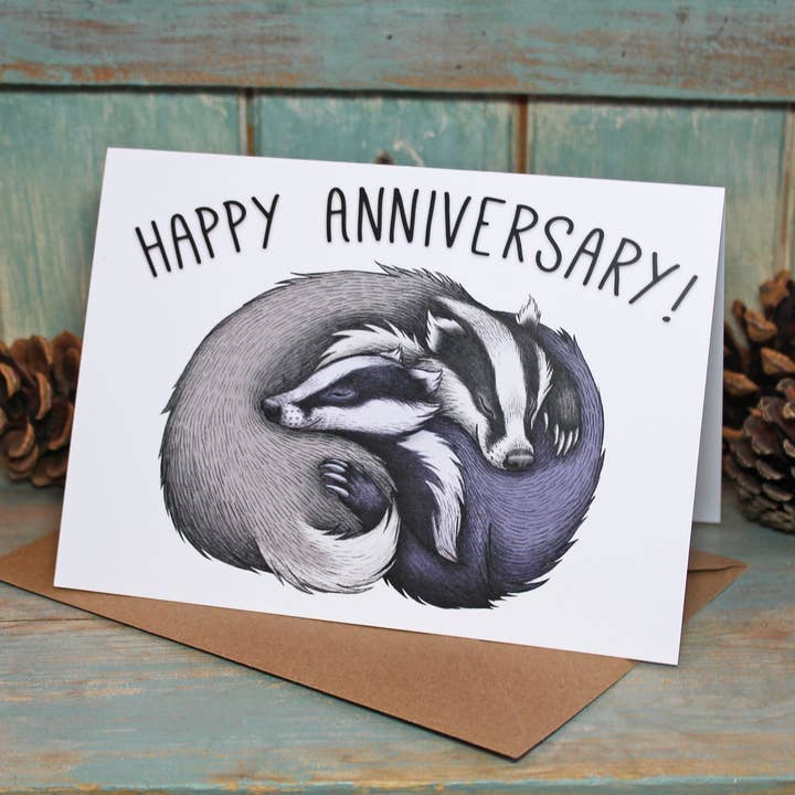 Lyndsey Green Illustration - Vente Cartes d'anniversaire - Carte d'anniversaire de couple de blaireaux