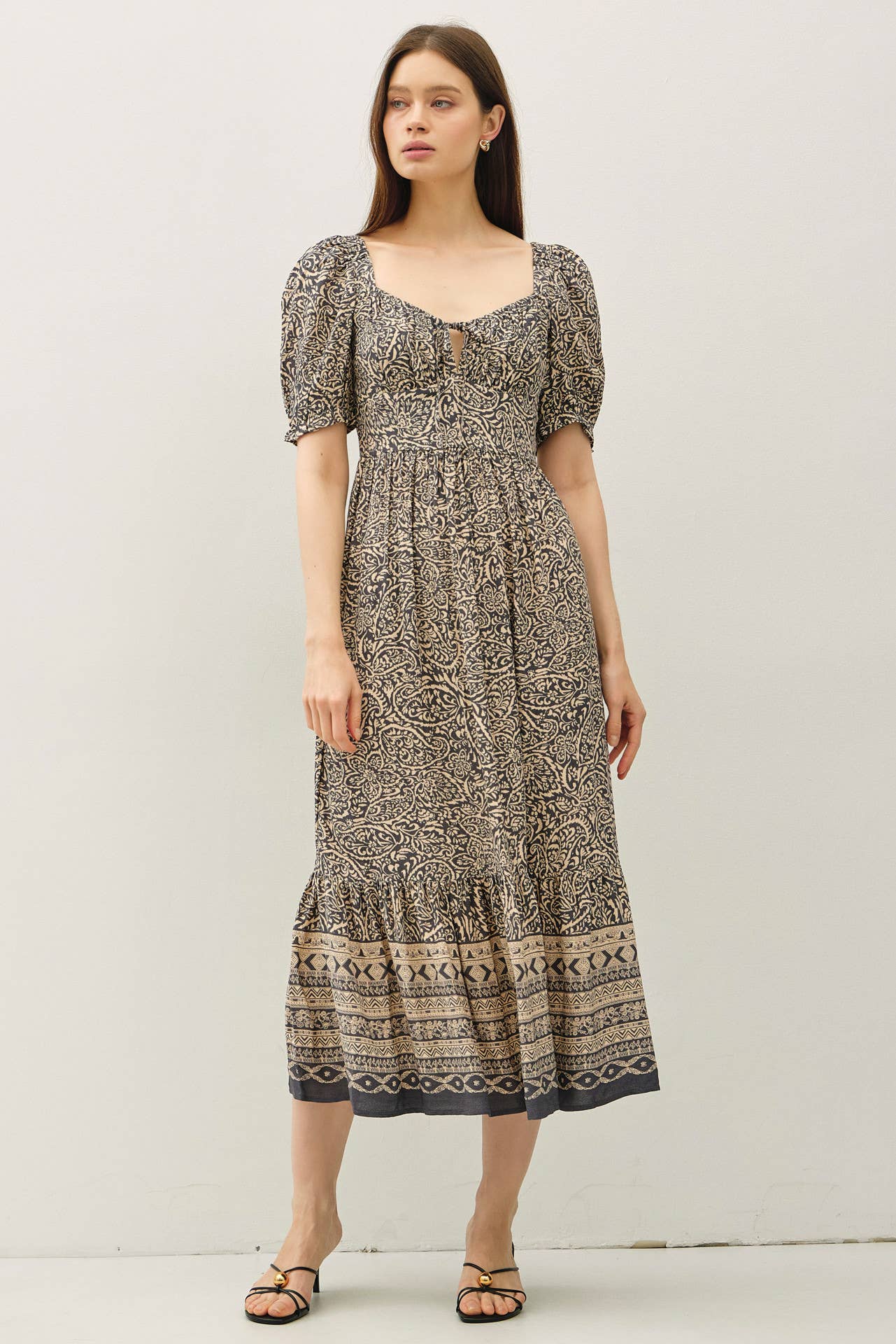 Be Cool - Vente Robe – femme - ROBE MIDI À MANCHES BOUFFANTES AVEC IMPRIMÉ BORDURE CACHEMIRE6