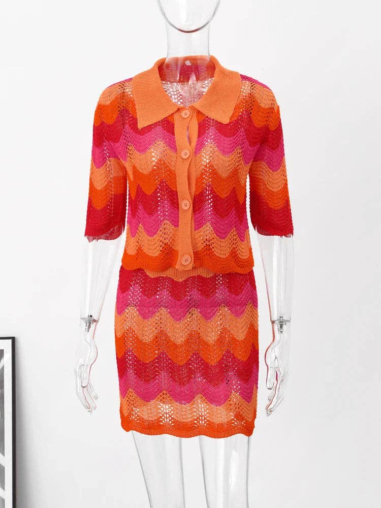 Uppsättning Sweet Wave Stripes Klättade Korta kjolar Set Kvinnor 2024 Summer Baddie Tvådelad Set Kvinnliga Kortärmade toppar Minikjolar Kläder för wholesale på Faire3