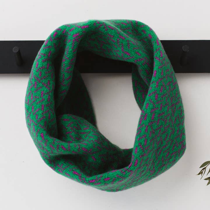 Scatter snood / cowl - billiard green and honesty pink for wholesale by Miss Knit Nat