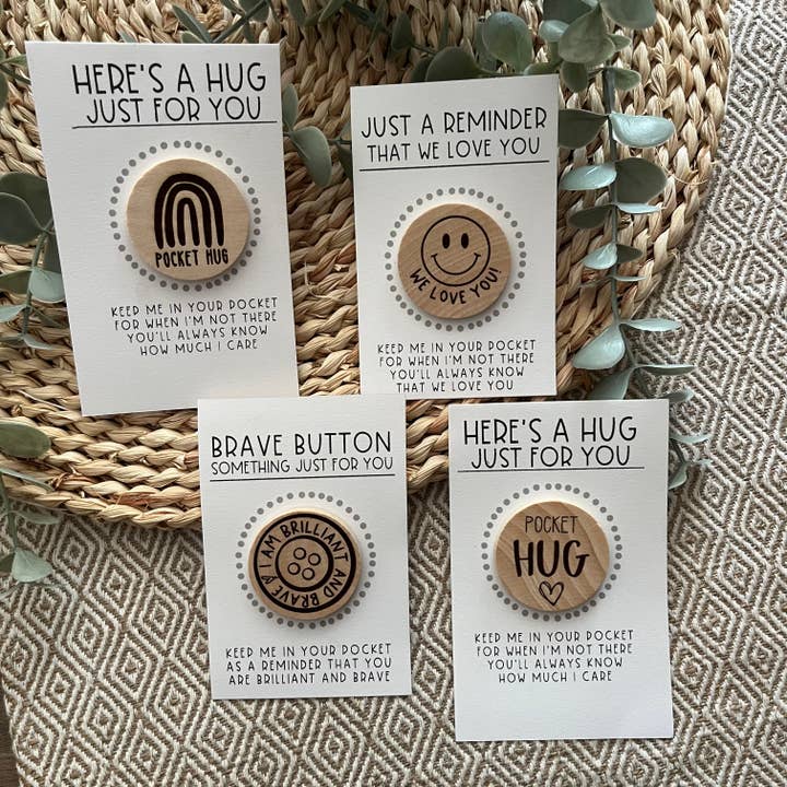 Handmade by Hammero - Wholesale Keepsake Coin/Token - Pocket Hug, Brave Button, and Smile - Wood Engraved Token
