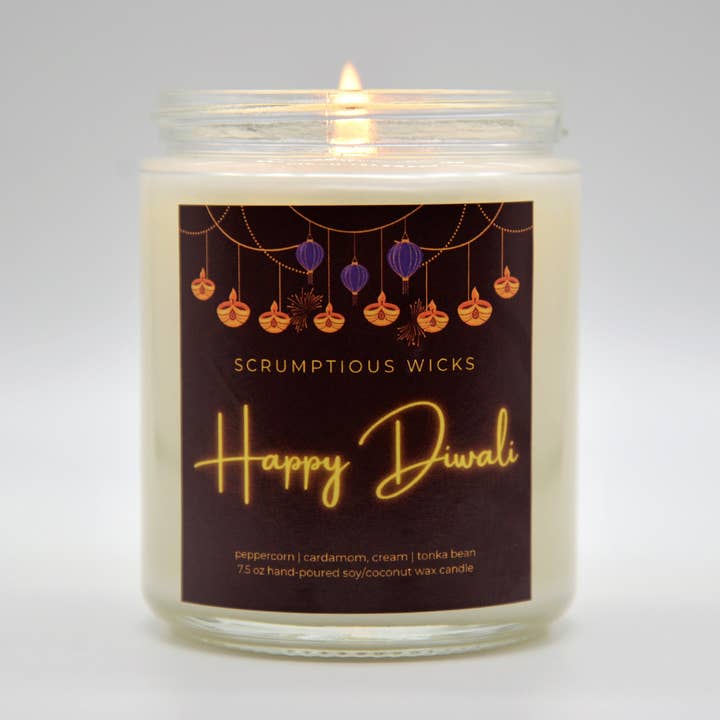 Happy Diwali 7.5oz soy/coconut wax glass jar candle for wholesale by Scrumptious Wicks