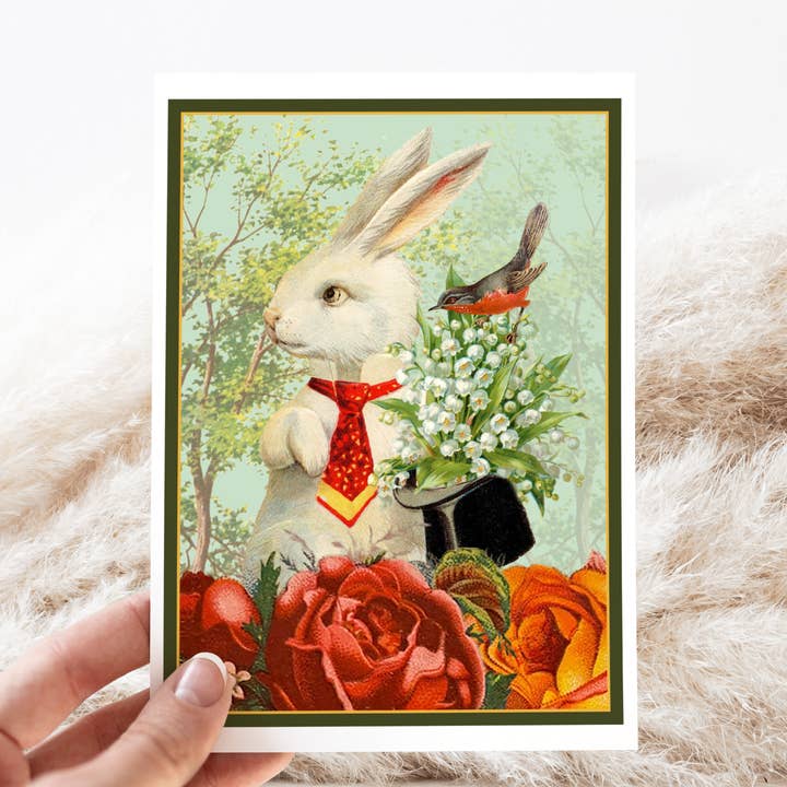 Biglietto di auguri Coniglio vintage con cappello a cilindro e uccello. per la vendita all'ingrosso da parte di Cheerful Whimsies