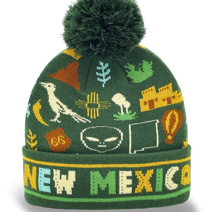 New Mexico Strickmütze mit Alien-Vogel-Ballon-Pueblo-Muster Winter Bommelmütze für den Großhandel von Northern Icons Creations INC