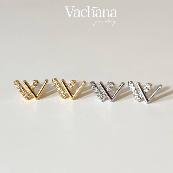 W Letter Inlay Copper Stud Earrings for wholesale by Vachana