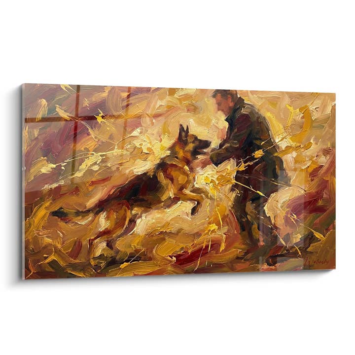 German Shepherd in Action and Dog Handler Painting - Canine Dynamism - German Shepherd Painting Edition for wholesale by Walensky