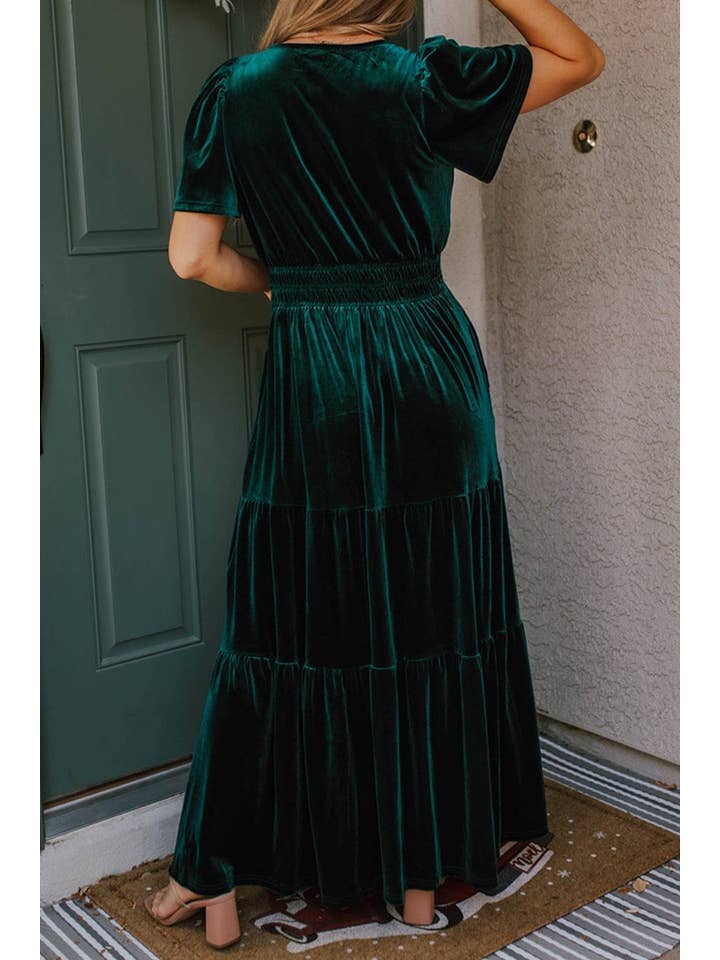 Evergreen Velvet Shirred Waist Maxi Dress for wholesale on Faire