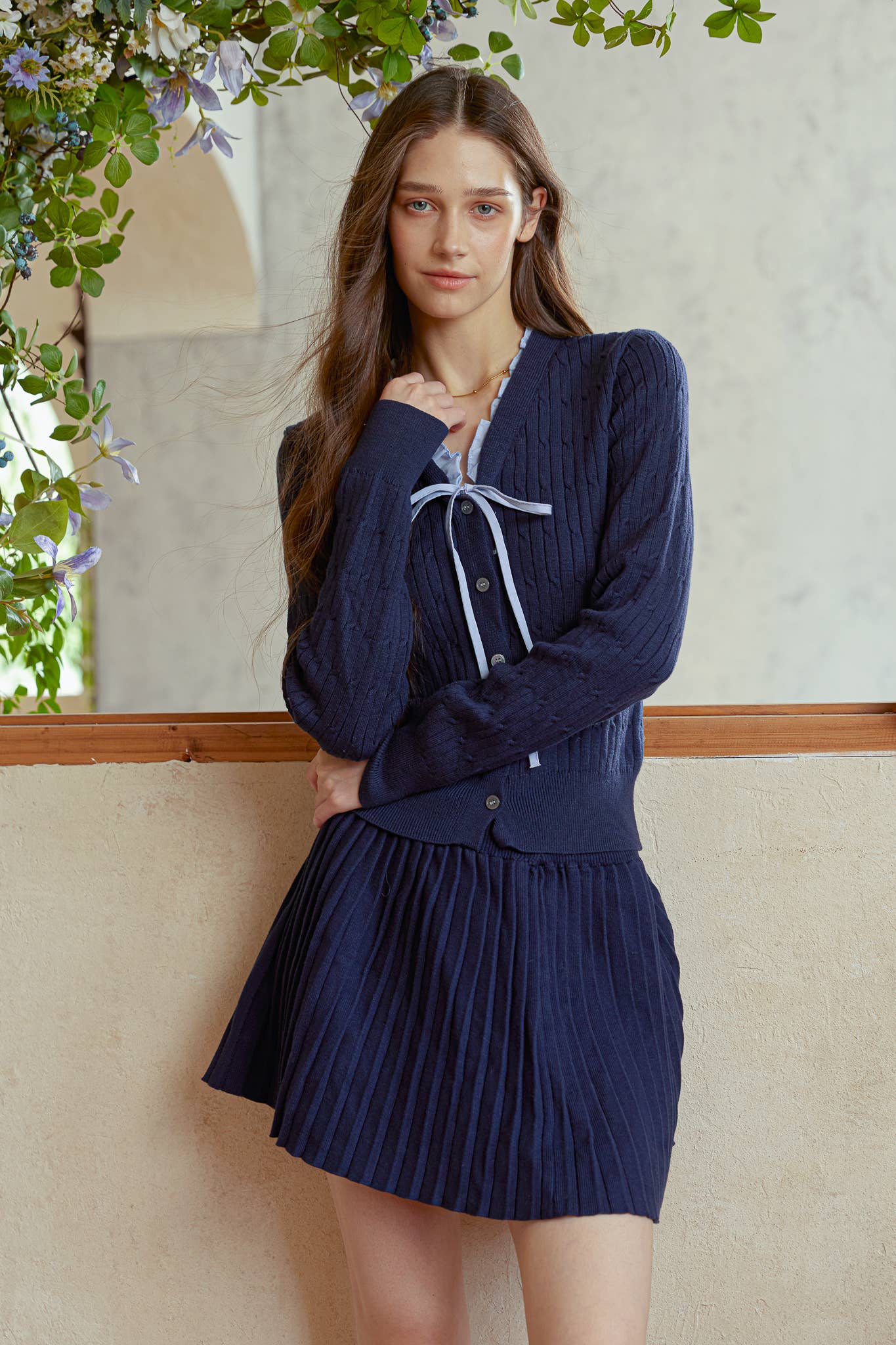 ROSIE POSIE – wholesale Set med topp och kjol - Dam – RP2945 - Marinblå Stickad & Plisserad Kjolset9