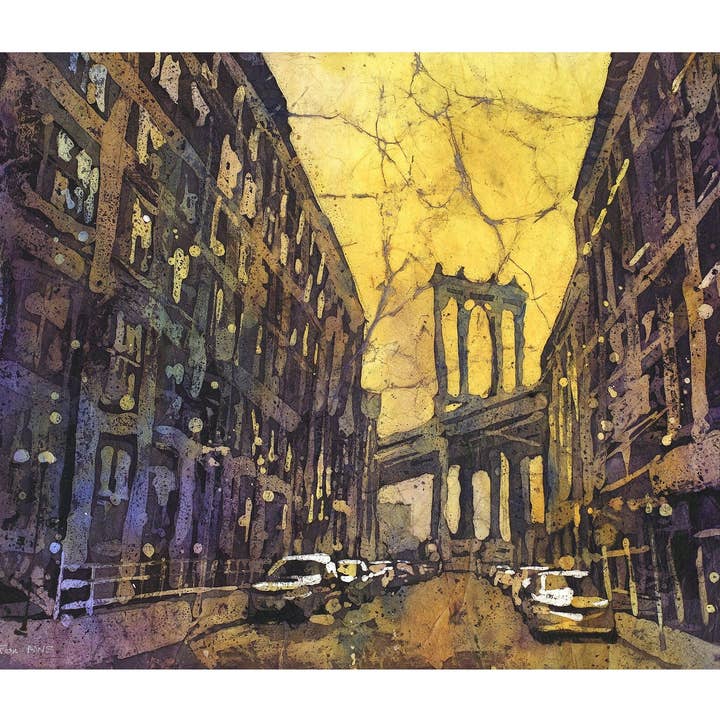Pintura a aguarela da Ponte de Brooklyn vista de Brooklyn- Nova Iorque, NY (EUA). Nova pintura Batik Manhattan Bridge por atacado de Ryan Fox Fine Art