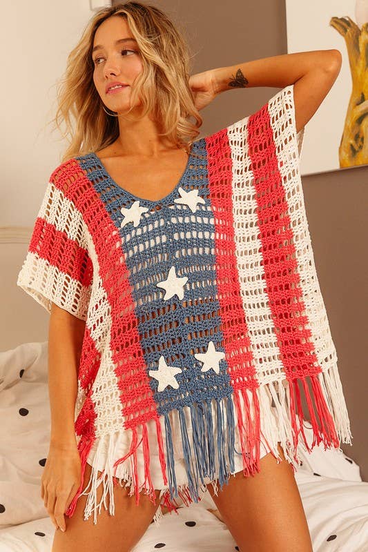 AMERICAN FLAG Crochet Star Patch Fringed Hem Poncho for wholesale on Faire1