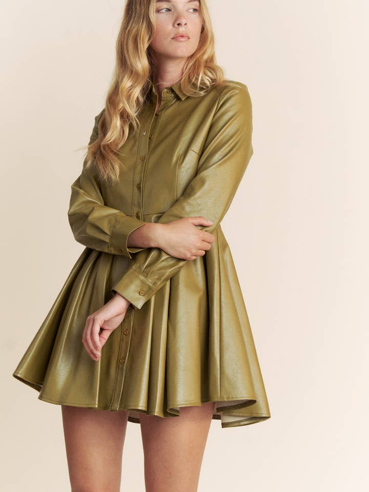 Hers & Mine - Wholesale Dress - Women's - PU BUTTON DOWN FLAIR MINI DRESS