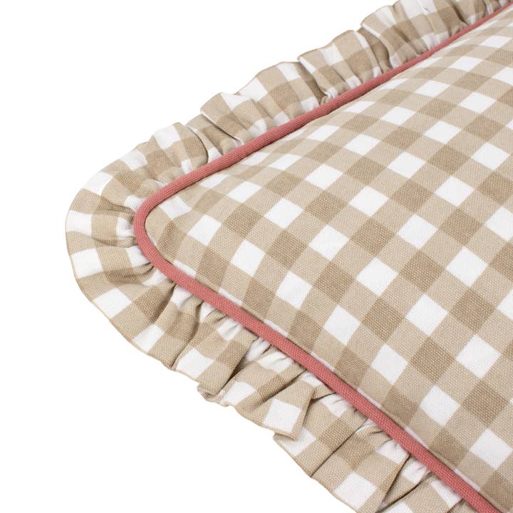Maude Gingham Reversible Piped Cushion Natural for wholesale on Faire4