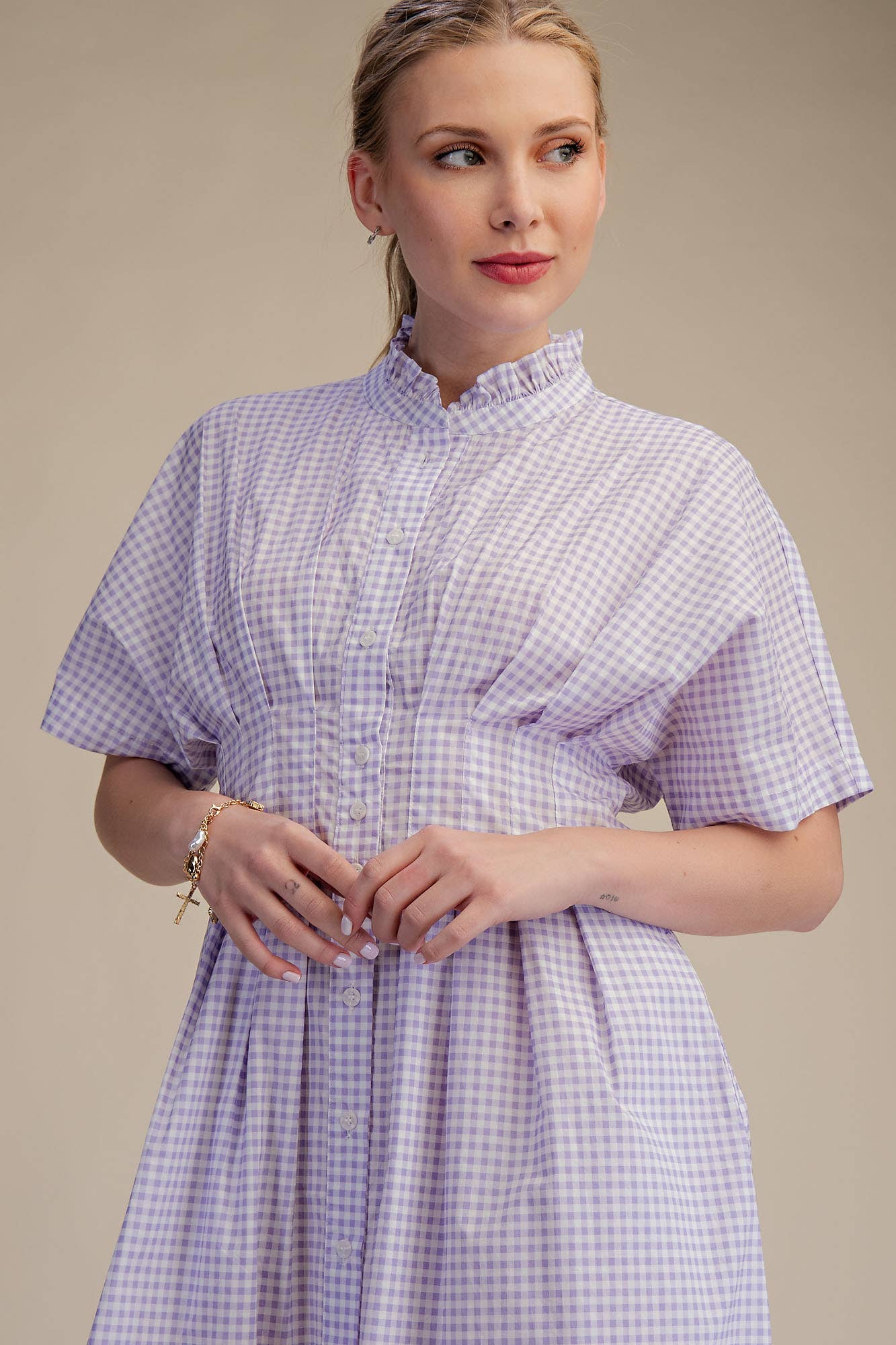 Glam - Wholesale Dress - Women's - Gingham Check Ruffle Neck Waist Pleated Midi Dress11