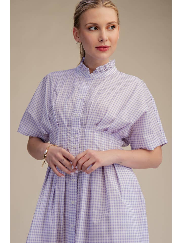 Glam - Wholesale Dress - Women's - Gingham Check Ruffle Neck Waist Pleated Midi Dress11