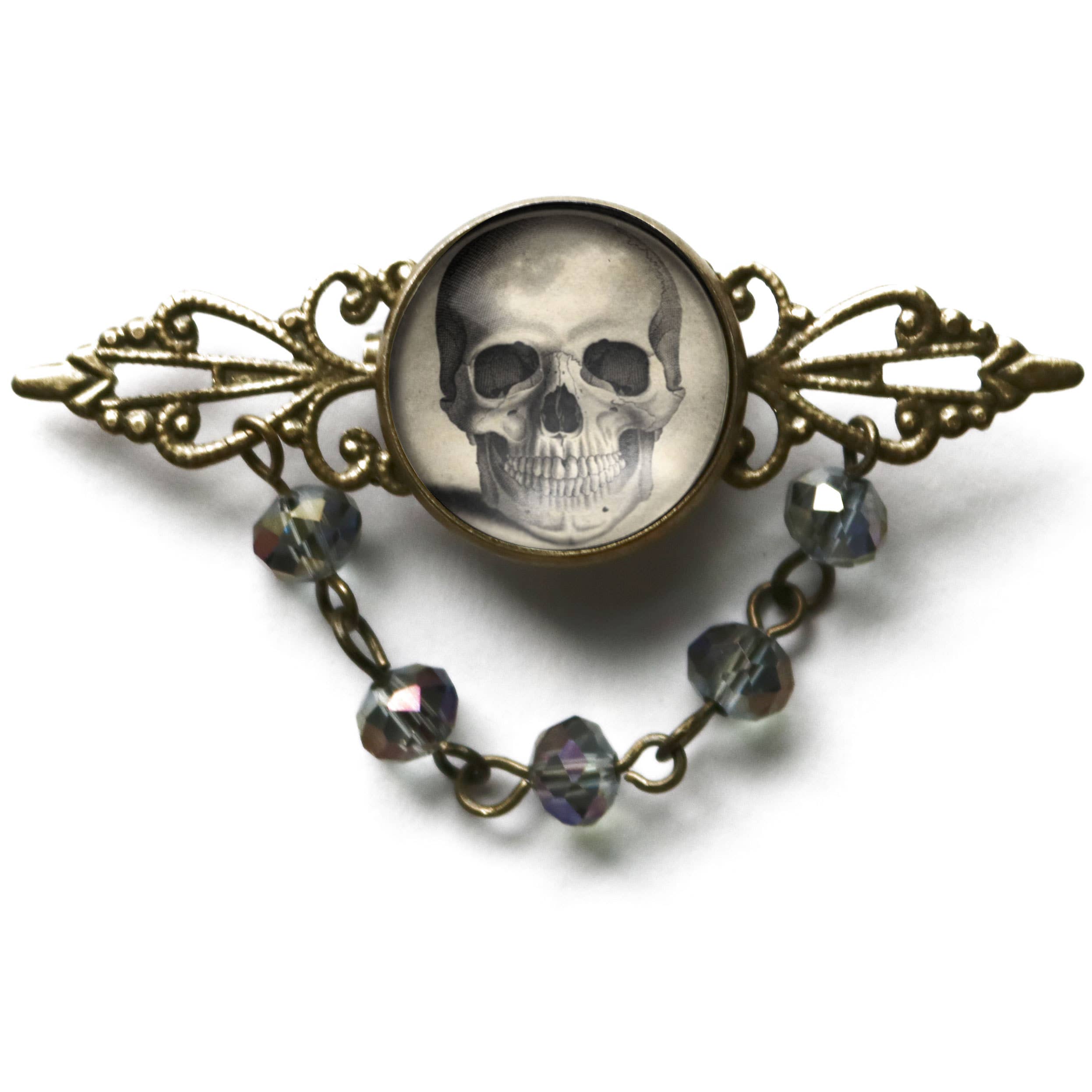 The Divine Iguana – wholesale Brooch – Pale Skull Goth Bead and Filigree Halloween Brooch1