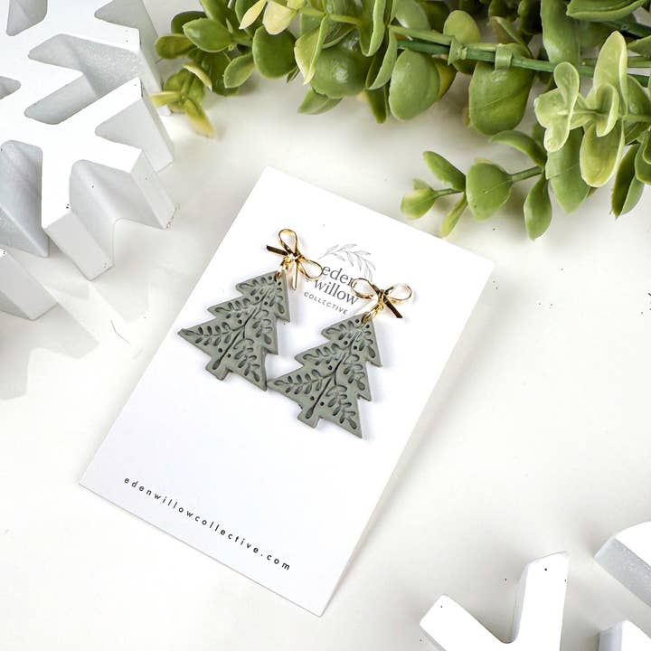 Eden + Willow Collective - Wholesale Dangle Earrings - Handmade Nordic Christmas Tree Earrings with Gold Bows1