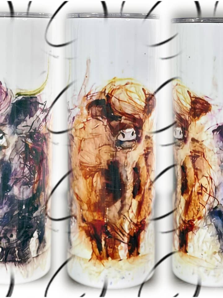 Watercolor Highland Cow 20oz Skinny Tumbler for wholesale by CMD Wholesale