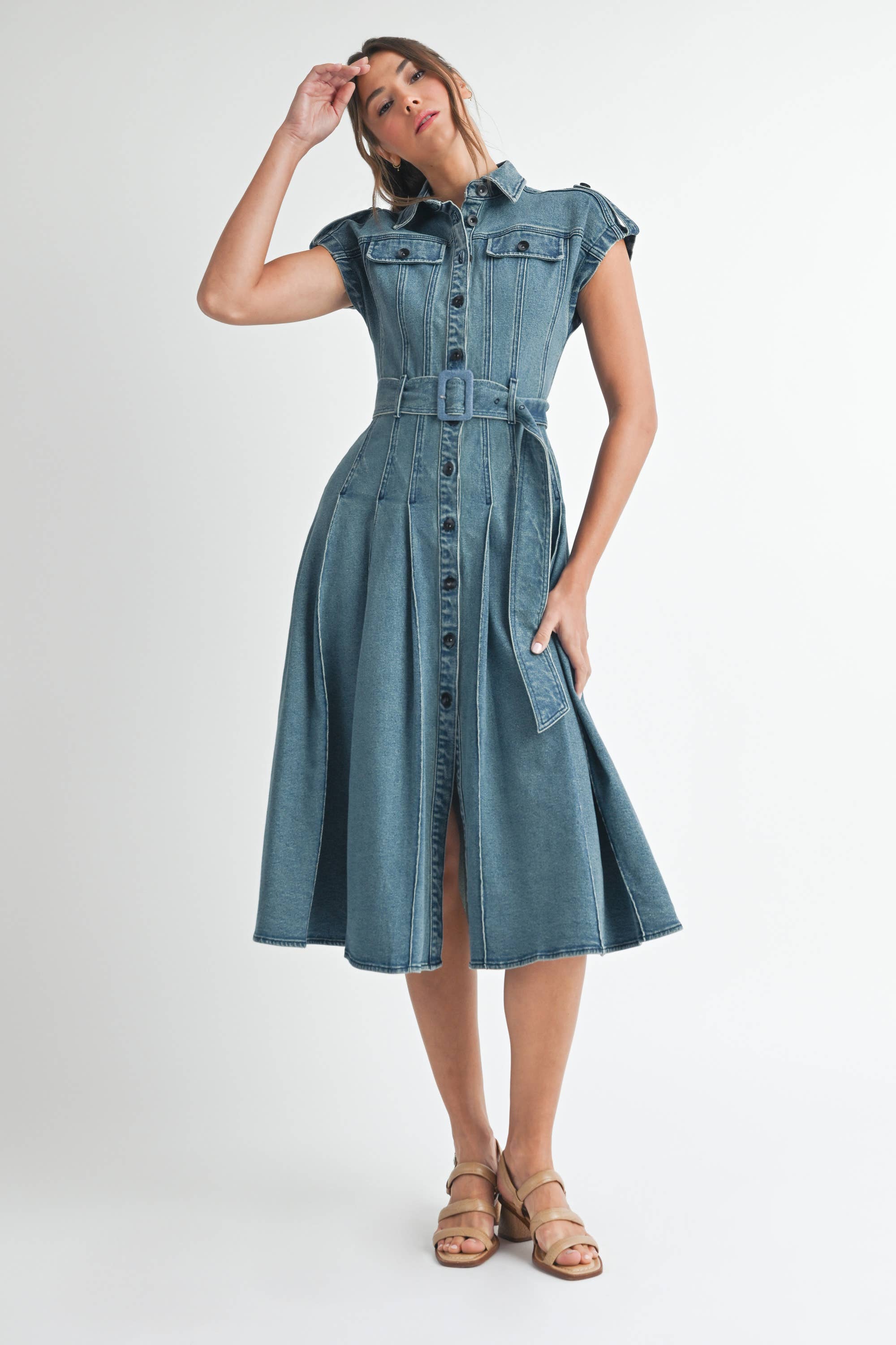 MIDIUM WASH Denim Belted Midi Dress  for wholesale on Faire4