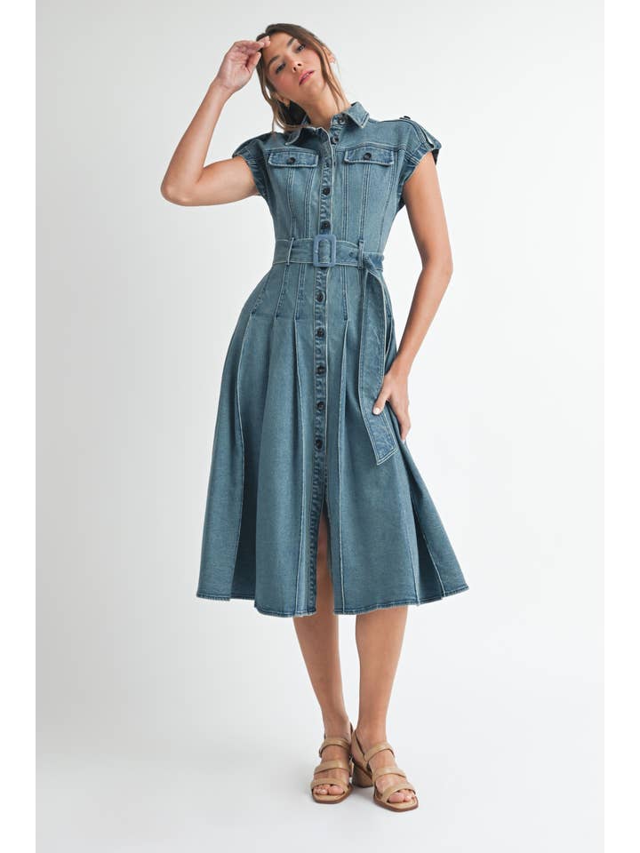 MIDIUM WASH Denim Belted Midi Dress for wholesale on Faire4