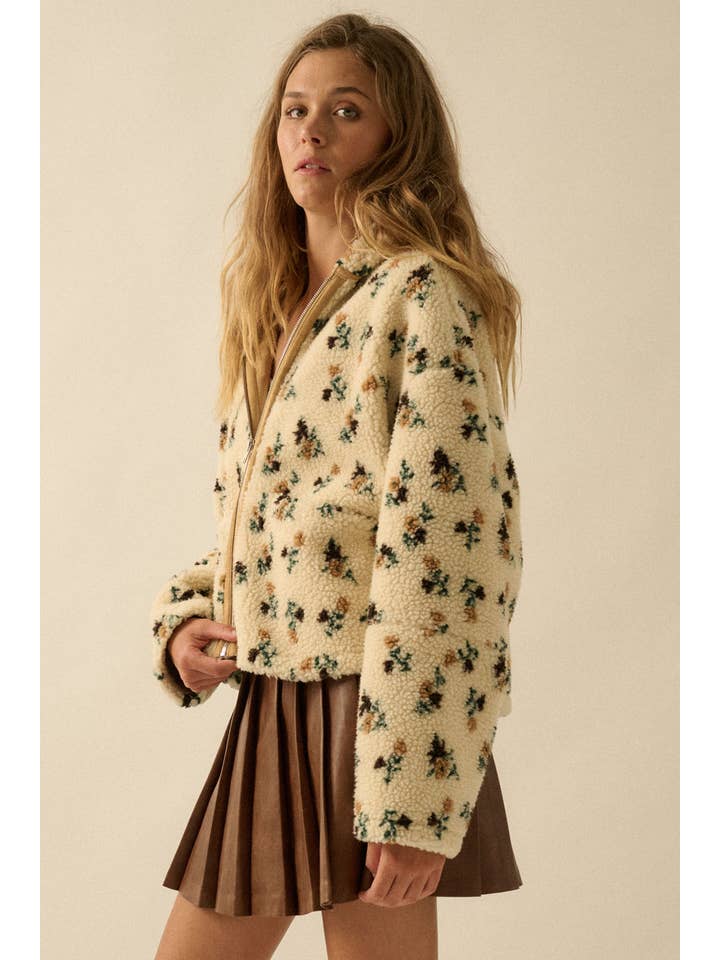 Cream Floral Sherpa Fleece Hooded Zip-Up Jacket for wholesale on Faire4