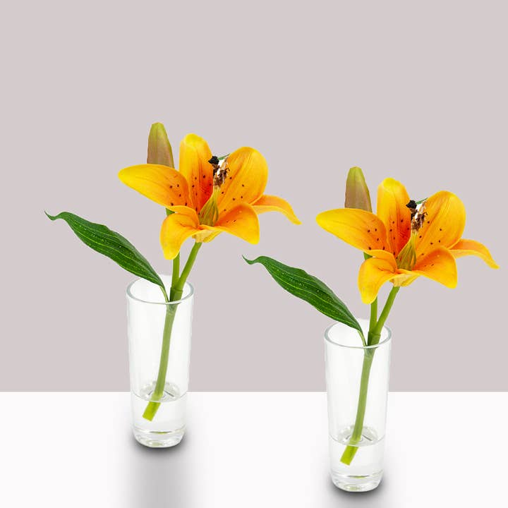 Jamali Garden - Wholesale Artificial Flowers - Orange Lily & Bud in Clear Shot Glass