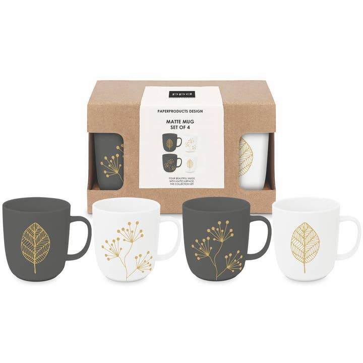 MUG SET OF 4 IN GIFT BOX-PURE GOLD LEAVES & BERRIES for wholesale by Paperproducts Design • Ambiente