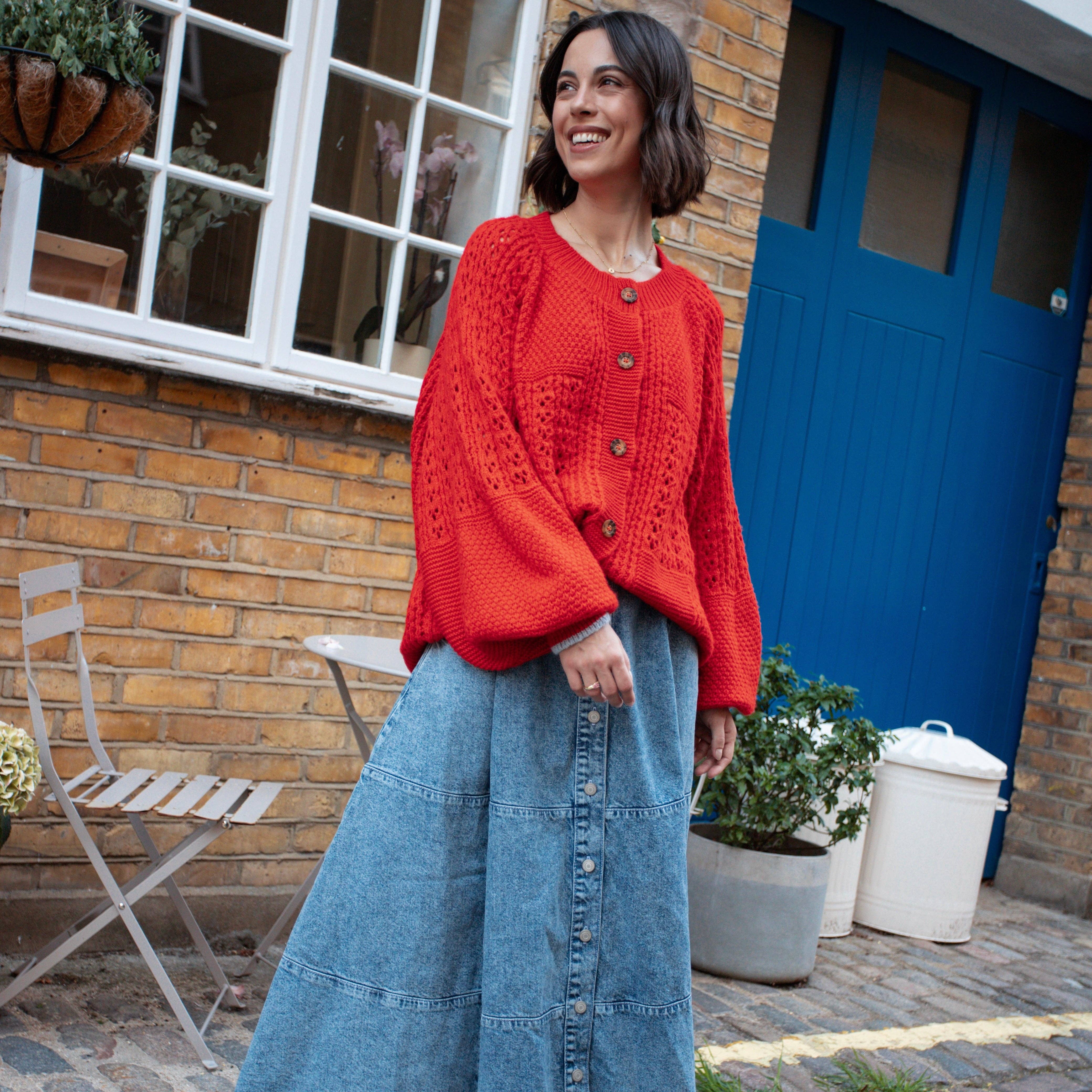 Cara & The Sky - Wholesale Cardigan - Women's - Brigit Pointelle Stitch Balloon Sleeve Cardigan - Orange10