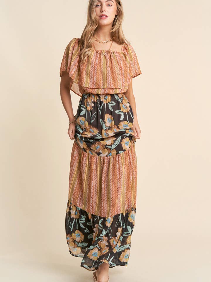 Sunset fields Off Shoulder Tiered Floral Maxi Dress for wholesale on Faire
