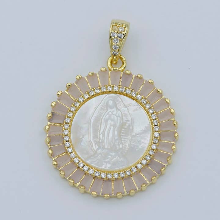 Gold Filled Virgin Mary Pendant Pearl Lady Guadalupe Medallion Charm Necklace Pink Cubic Micro Pave Cz for Religious jewelry making supply N-1407 I-109 for wholesale by Aim Eternal