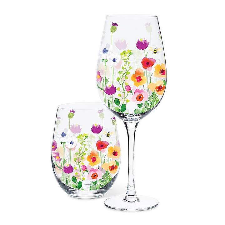 Floral Bee Garden Wine Glass (14oz) for wholesale by Abbott