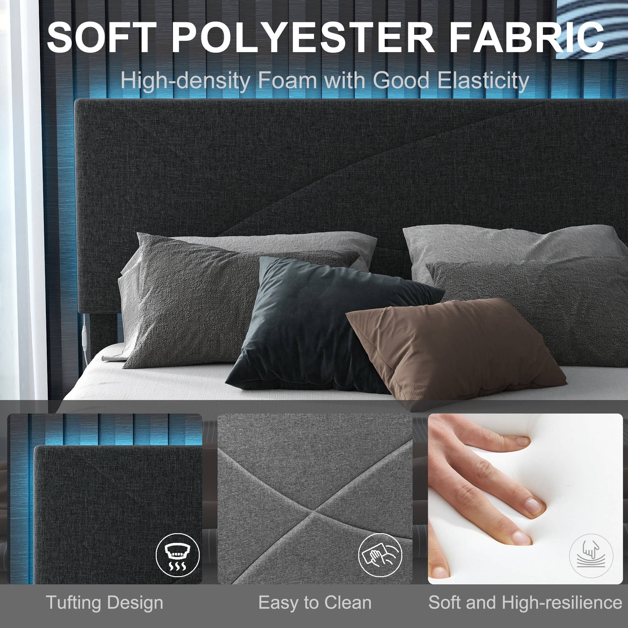 39F Inc. - Wholesale Bed - Queen Size Bed Frame with USB port & LED Headboard–Grey13