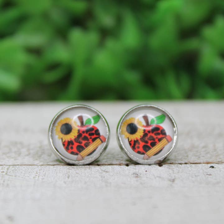 Red Leopard Apple with Sunflower & Pencil 12mm Glass Stud Earrings for wholesale by Hylidae Boutique