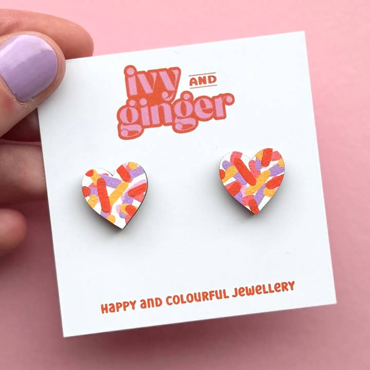 Tropical confetti midi heart stud earrings for wholesale by ivy and ginger