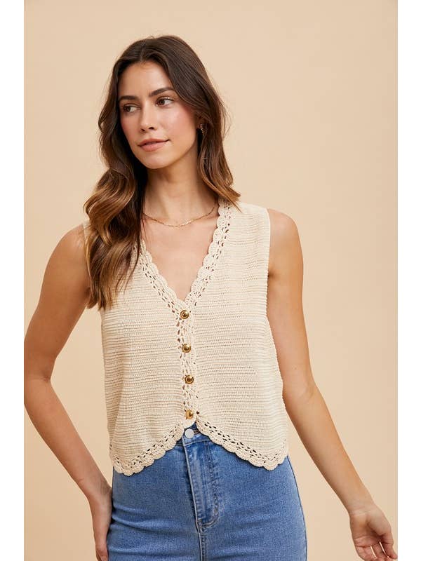 Vanilla Monkey - Wholesale Knit Top - Women's - Crochet Trimmed Button Down Sweater Vest