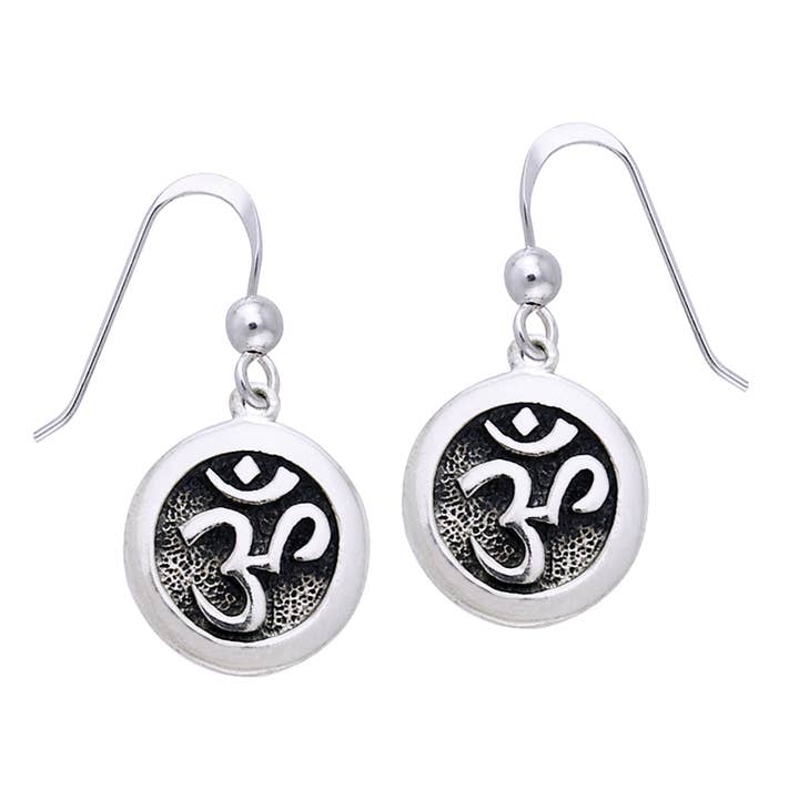 Silver Insanity - Wholesale Dangle Earrings - OM or Aum Hindu Yoga Symbol Sterling Silver Round Hook Earrings