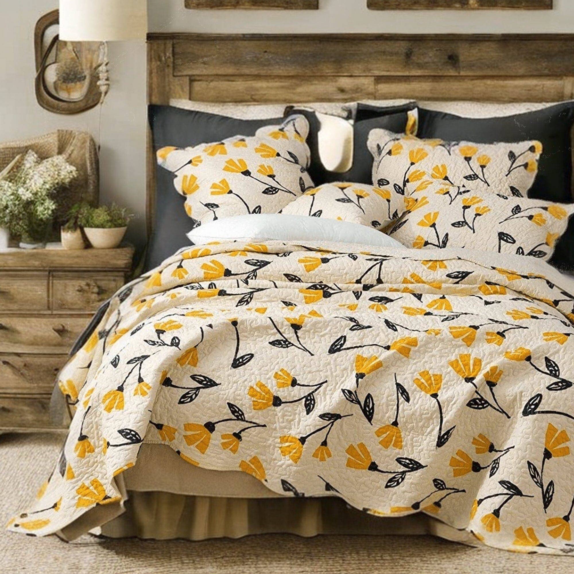 DaDalogy Bedding - Wholesale Bedding Set - DaDa Bedding Yellow Fleur Floral Golden Orange Ivory Cream Scalloped Bedspread Set (18112)0