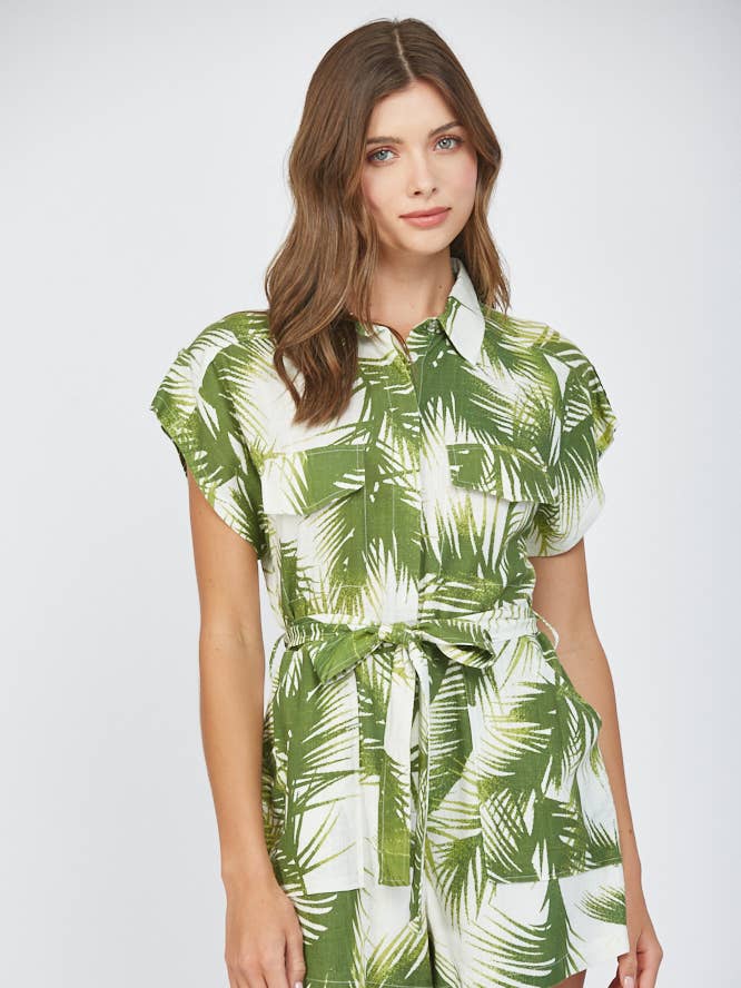 TUTA CORTA IN MISTO LINO CON STAMPA TROPICALE E MANICHE A TABELLA FR45106 per la vendita all'ingrosso da parte di FATE