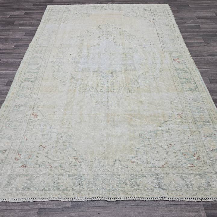 Vintage Oushak Rug 6x9: Hand-Knotted Turkish Wool Rug, Cream & Mint for wholesale by MesopotamiaRugs