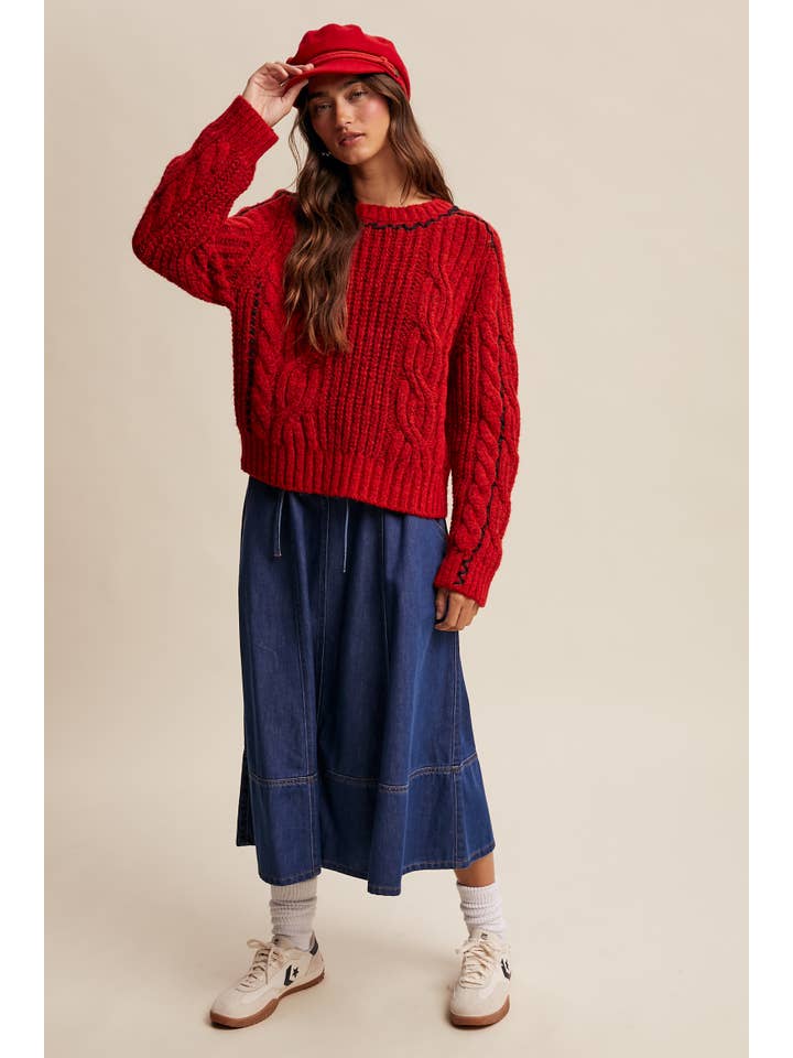 Listicle - Wholesale Knit Sweater - Women's - Contrast Stitch Cable Knit Sweater LSW1013 28