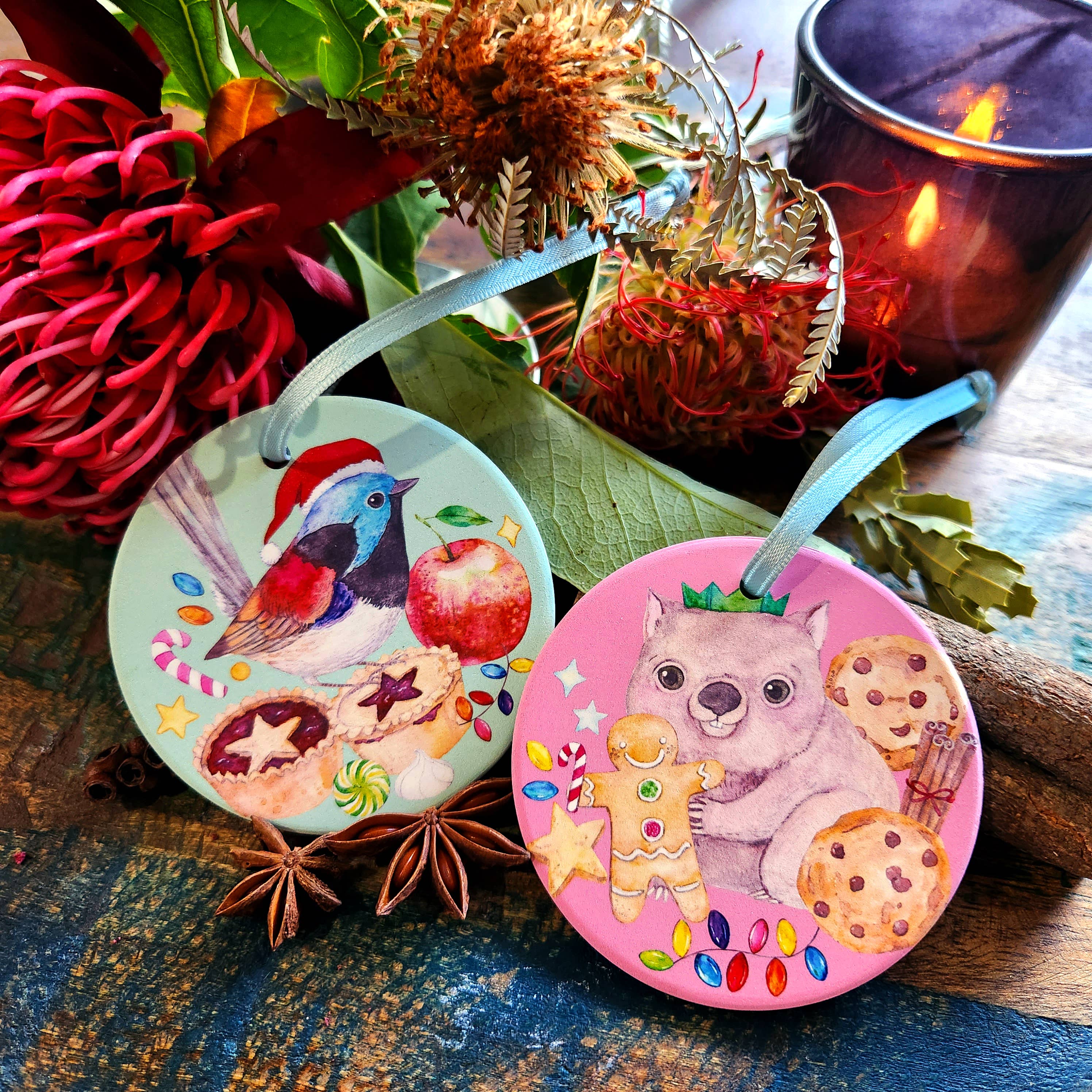 Watercolour By Cat - Vente Décoration de Noël - Ornements diffuseurs en céramique de Noël avec animaux australiens9