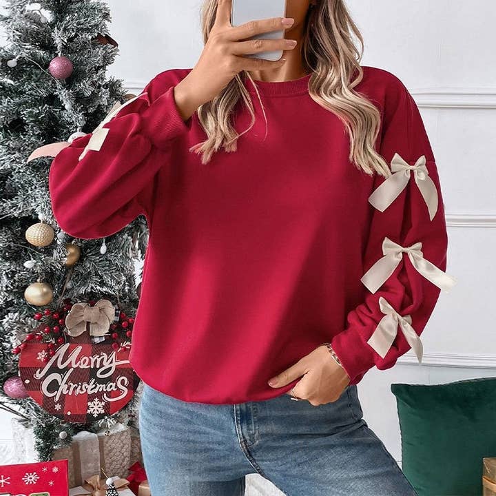 Red Christmas Sweater With Round Neck And Bow Tie for wholesale by UZ Wholesale Store